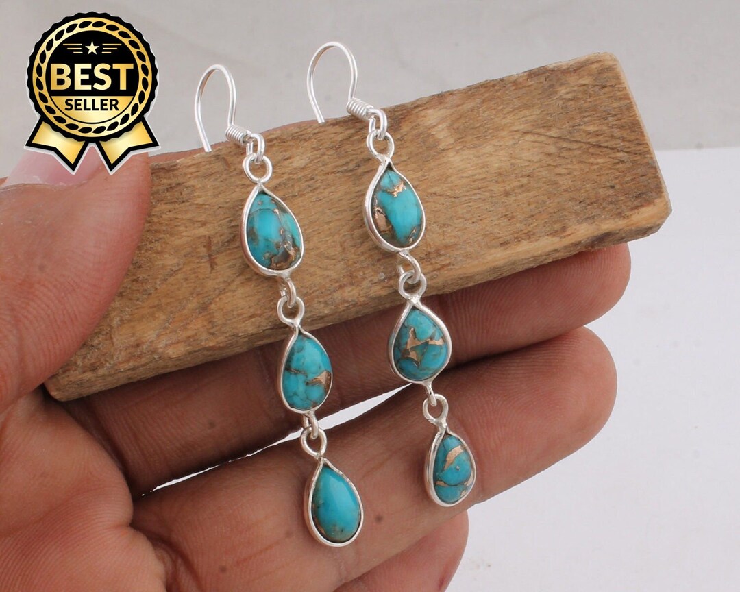 10 Pcs Turquoise Mix Shape Dangle Earrings – 925 Silver Plated Brass Base – Handmade Bulk Jewelry Lot