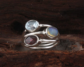 Garnet, Topaz & Opal Ring: Sterling Silver Three Stone Boho Ring