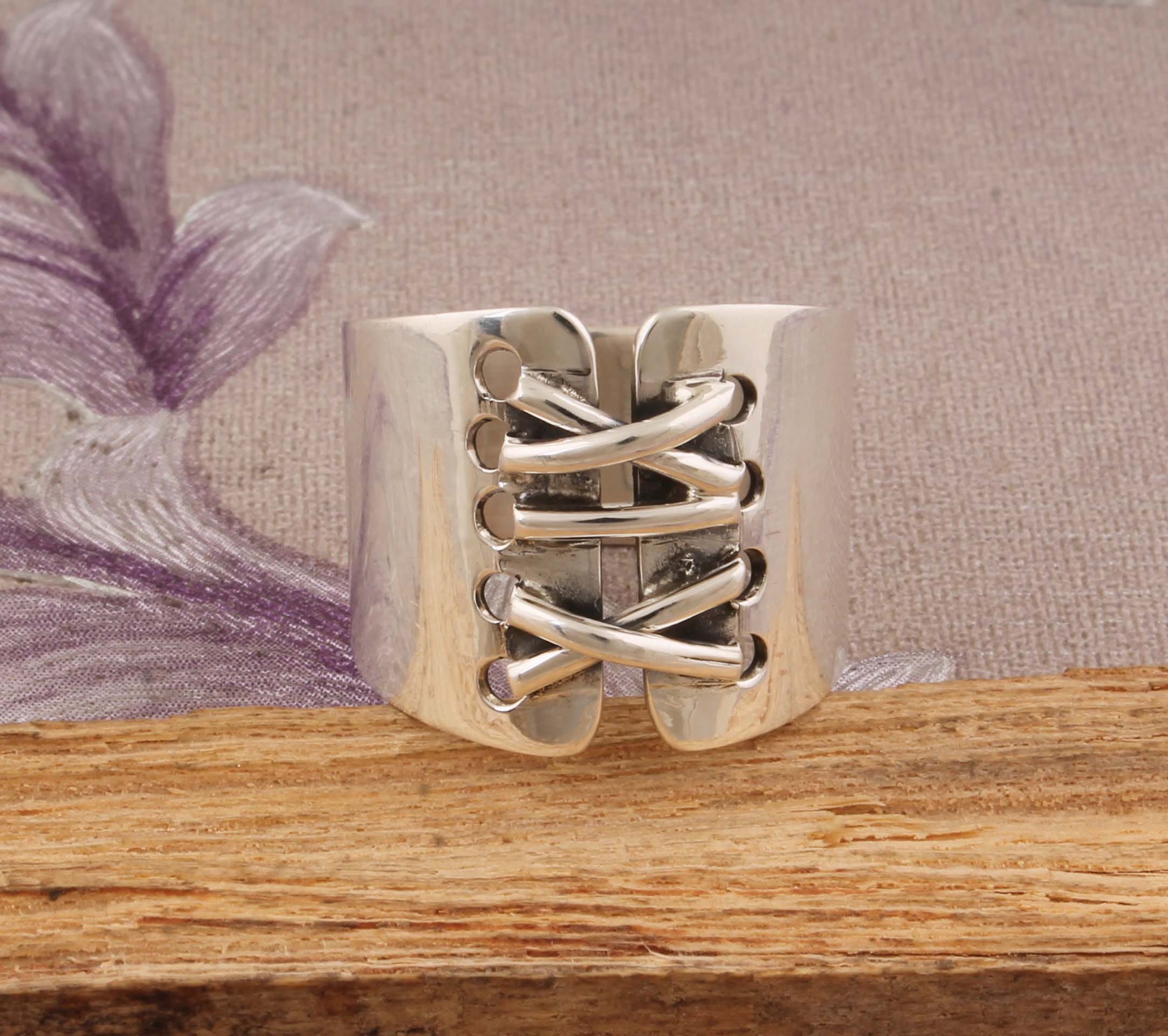 Bague Corset En Acier Argenté - Taille 53, Neuve Avec étiquettes
