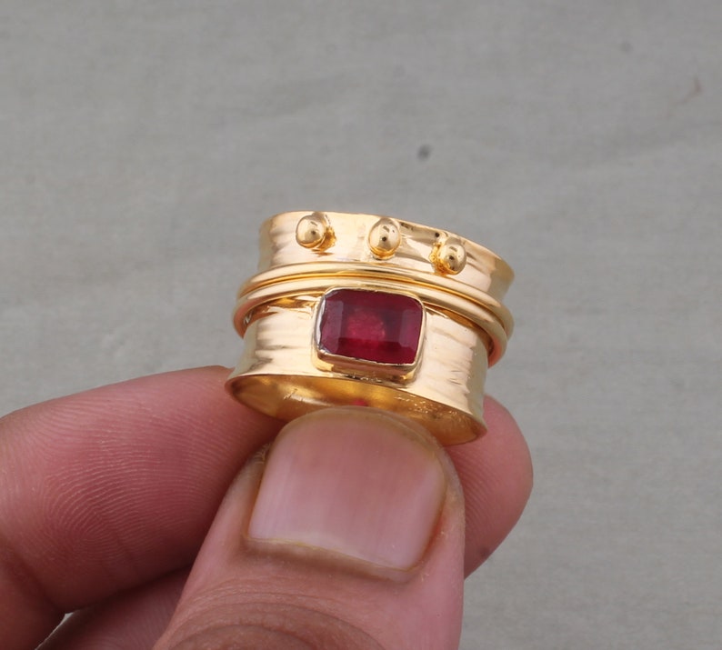 Rubymotion Spinner Rings Ruby Spinner Ring, 14kt Gold Plated, Textured Band - Etsy