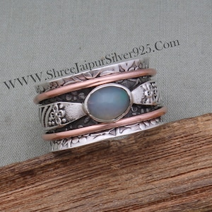 Anillo giratorio de ópalo: anillo antiestrés de plata de ley 925 maciza
