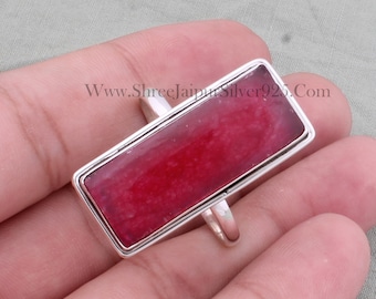 Red Jade Sterling Silver Ring: Handmade Rectangle Gemstone Ring