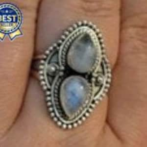 Natural Rainbow Moonstone AAAQuality Gemstone Ring,Two Pear Stone Ring,925-Antique Silver Ring,Middle Finger Ring, Silver Beautiful Ring image 2