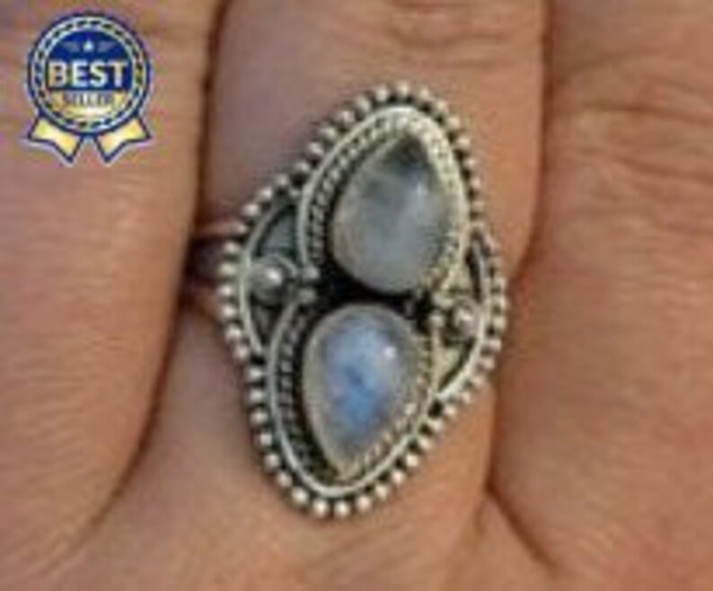 Natural Rainbow Moonstone AAAQuality Gemstone Ring,Two Pear Stone Ring,925-Antique Silver Ring,Middle Finger Ring, Silver Beautiful Ring image 2