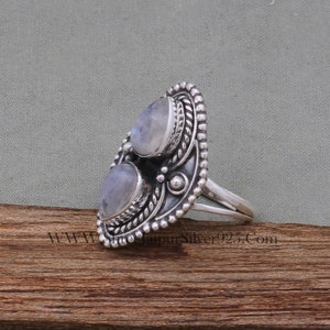 Natural Rainbow Moonstone AAAQuality Gemstone Ring,Two Pear Stone Ring,925-Antique Silver Ring,Middle Finger Ring, Silver Beautiful Ring image 5