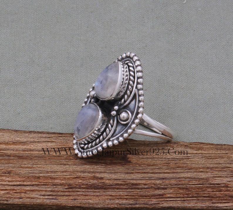 Natural Rainbow Moonstone AAAQuality Gemstone Ring,Two Pear Stone Ring,925-Antique Silver Ring,Middle Finger Ring, Silver Beautiful Ring image 5