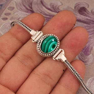 Handmade Malachite Bracelet: 925 Sterling Silver Adjustable Chain