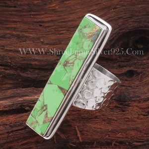 Green Copper Turquoise 925 Sterling Silver Textured Band Ring For Women, Handmade Long Gemstone Rectangle Bar Ring Gifts For Her Birthday