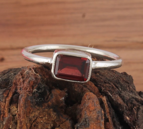 Red Garnet Sterling Silver Ring: Emerald Cut Stone, Handmade Band