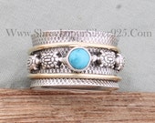 Turquoise Turtle Textured Spinner Ring 925 Sterling Silver Brass Jewelry Handmade Two Tone Gemstone Spin Ring Valentine 39 s Day Gift