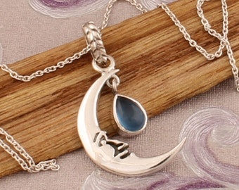 Carved Face Crescent Moon Sterling Silver Necklace: Blue Chalcedony Pendant