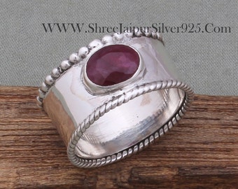 Handmade Ruby Sterling Silver Ring: Oval Gemstone Band
