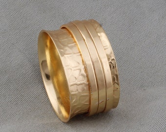 18k Gold Filled Pleated Spinner Ring: Hammered Brass Band