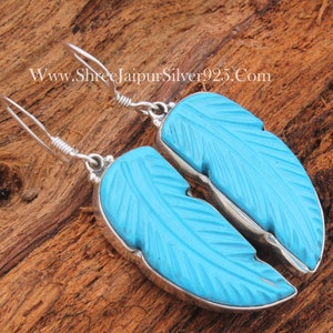 Turquoise Engraved Feather Gemstone Solid 925 Sterling Silver Earrings For Women, Handmade Earrings Gifts For Wedding Anniversary