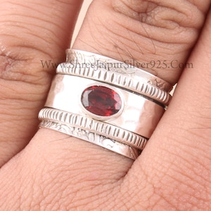 Natural Garnet Oval Cut Band Solid 925 Sterling Silver Spinner Ring For Women, Handmade Hammered Band  Fidget Ring Anniversary Gifts