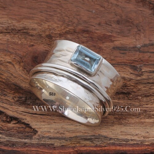 Bague toupie naturelle en argent sterling massif 925 avec topaze bleue pour femme, bague de mariage rectangulaire faite main avec méditation, cadeau Boho, bague inquiétude, inquiétude