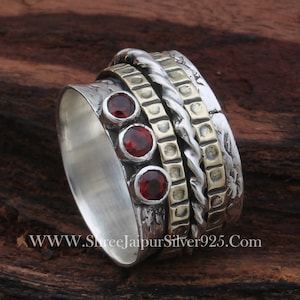 Three Red Garnet Gemstones Silver Spinning Ring 925 Sterling Silver Ring, Handmade Engraved Wide Band Fidget  Ring Gifts For Women