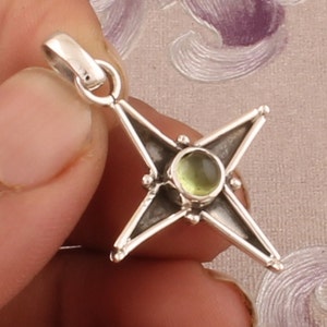 925 Sterling Silver Natural Peridot Necklace Pendant, Boho Four Pointed Star Oxidized Silver Pendant, Valentine's Day Gift, Etsy Cyber 2021