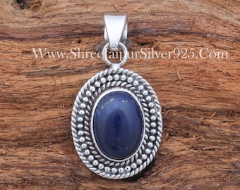 Handmade Lapis Gemstone Pendant: Adjustable Sterling Silver Boho Jewelry