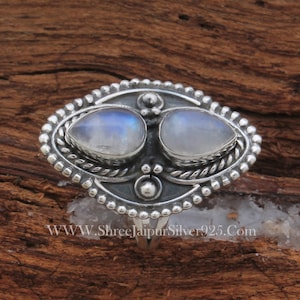 Natural Rainbow Moonstone AAAQuality Gemstone Ring,Two Pear Stone Ring,925-Antique Silver Ring,Middle Finger Ring, Silver Beautiful Ring image 3