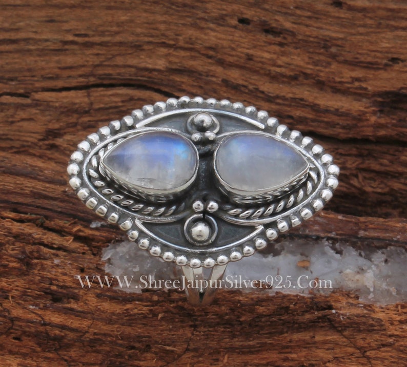 Natural Rainbow Moonstone AAAQuality Gemstone Ring,Two Pear Stone Ring,925-Antique Silver Ring,Middle Finger Ring, Silver Beautiful Ring image 3