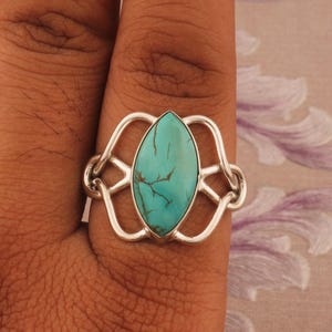 Tibetan Turquoise Ring: Marquise 925 Sterling Silver Handmade