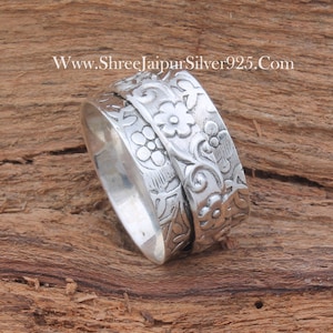 Handmade Sterling Silver Carved Spinner Ring: Boho Worry Fidget Ring