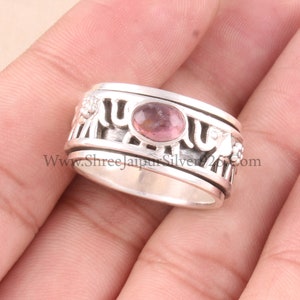 Natural Pink Tourmaline Oval Solid 925 Sterling Silver Elephant Spinner Ring For Women, Handmade Band  Fidget Ring Gifts Anniversary