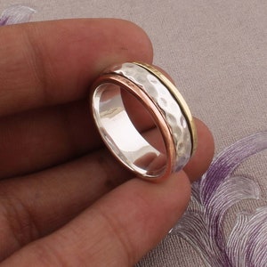 Three Tone Ring 925-Sterling Silver Ring,Spinner Ring,Antique Silver Ring,Brass With  Copper With Silver Spinner Ring Thumb RingCyber2021