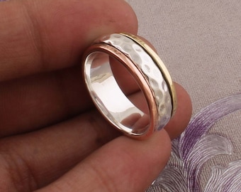 925 Sterling Silver Spinner Ring: Three Tone Meditation Ring