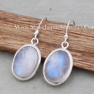 Rainbow Moonstone 925 Sterling Silver Earrings: Gemstone Cabochon