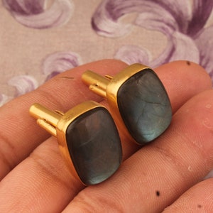 Beautiful Labradorite Cufflink, 22k Gold Pleated Cufflink For Husband, Handmade brass Cufflink, Fire Labradorite Gemstone Cufflink Gift Idea
