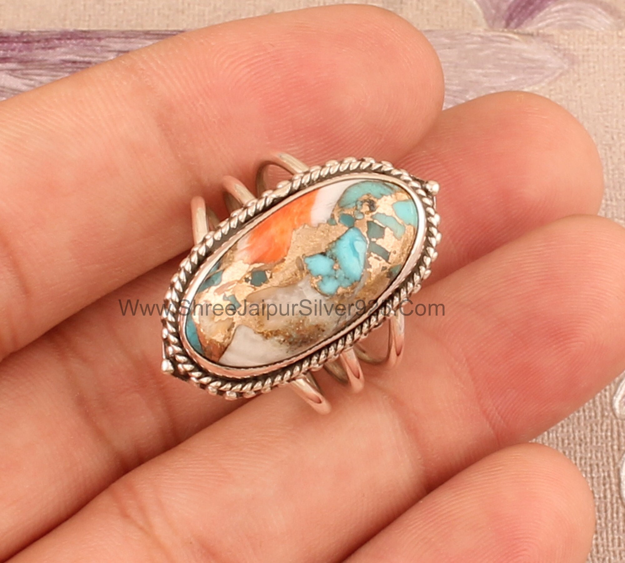 Oyster Copper Turquoise Solid 925 Sterling Silver Ring For Women, Handmade Three Band Oyster Oval Ring For Wedding Anniversary Gift For Her