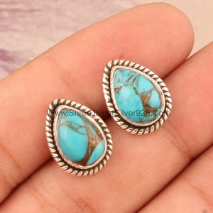 Turquoise Sterling Silver Stud Earrings: Handmade Pear Spiral Design