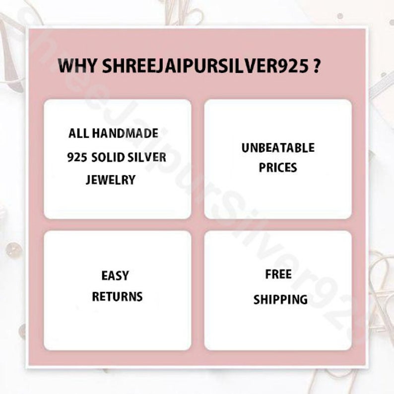 May include: A pink and white graphic with the text "WHY SHREEJAIPURSILVER925?" and four boxes with the following text: "ALL HANDMADE 925 SOLID SILVER JEWELRY", "UNBEATABLE PRICES", "EASY RETURNS", and "FREE SHIPPING".