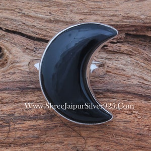 Grande bague croissant de lune en onyx noir, bague en argent sterling 925 massif pour femme Bague lune en argent faite main pour femme pour cadeaux d'anniversaire de mariage