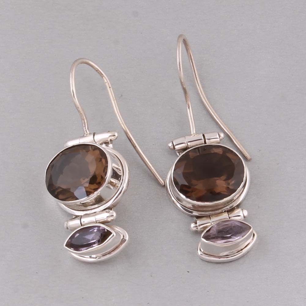 925 Sterling Solid Silver Ring-Combo Earring-Smoky With Amethyst Silver Earring-Two Stone Earring-Boho Solid Silver Earring-925 Silver
