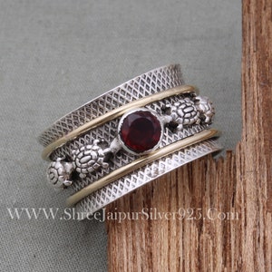 Turtle Spinner 925 Sterling Silver Natural Red Garnet Spinner Ring, Handmade Engraved Wide Band Fidget Anxiety Ring Gifts For Her Birthday image 7