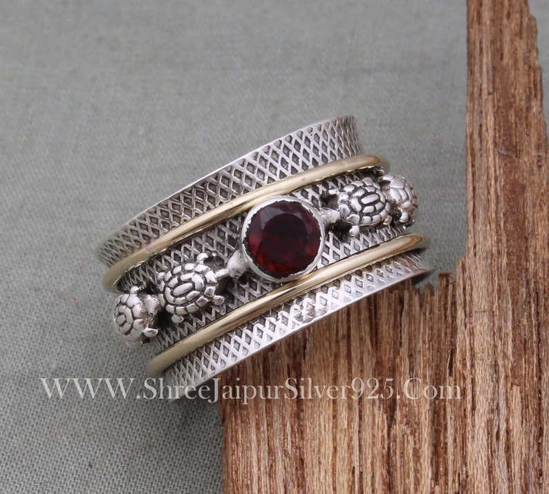 Turtle Spinner 925 Sterling Silver Natural Red Garnet Spinner Ring, Handmade Engraved Wide Band Fidget Anxiety Ring Gifts For Her Birthday image 7