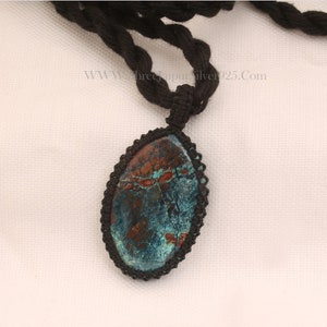 Chrysocolla Macrame Pendant Necklace Gifts For Her, Handmade Gemstone Macrame Jewelry Gifts Idea, Black Thread Oval Stone Bohemian Necklace