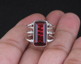 Handmade Sterling Silver Red Garnet Ring: Baguette Gemstone Band