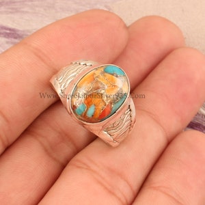 Oyster Copper Turquoise Solid 925 Sterling Silver Ring For Women, Handmade Silver Textured Band Ring For Wedding Anniversary Gift For Her