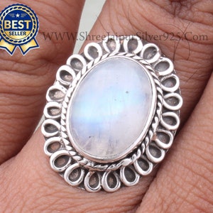 Rainbow Moonstone Ring: Oval Boho Sterling Silver Ring