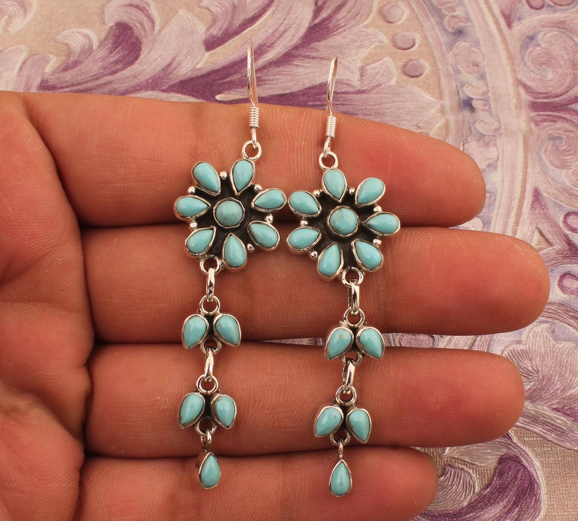 Sleeping Turquoise Earring Solid 925 Sterling Silver Earrings For Women, Handmade Silver Earring For Wedding Anniversary Gift Flower Earring