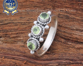 Peridot Rings-Natural Peridot Three Gemstone Ring-Round Ring 925 Sterling Silver Ring-Middle Finger Ring-Anniversary Rings- Peridot Ring