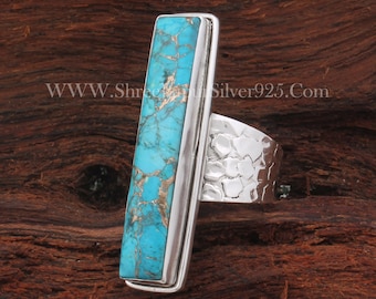 Hammered Blue Copper Turquoise 925 Sterling Silver Textured Band Ring For Women, Handmade Long Gemstone Rectangle Bar Ring Gift For Her