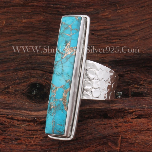 Hammered Blue Copper Turquoise 925 Sterling Silver Textured Band Ring For Women, Handmade Long Gemstone Rectangle Bar Ring Gift For Her