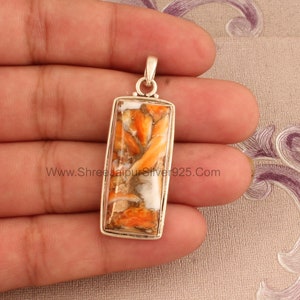 Spiny Oyster Copper Sterling Silver Pendant Necklace: Rectangle Bar Stone
