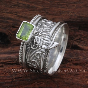 Peridot Solid 925 Sterling Silver Spinner Ring For Women Handmade Silver Honey Bee Peridot November Birthstone Ring For Wedding Gift