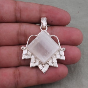 Handmade Selenite Pendant: 925 Sterling Silver Boho Necklace
